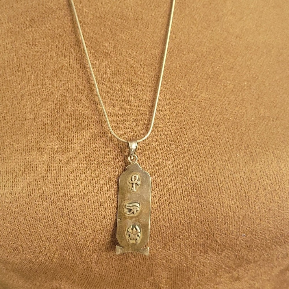 Vintage 925 Sterling Silver Egyptian Cartouche 2 Sided Necklace 18 In Goblincore